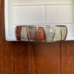 Silver Tone and Tri-color Enamel, Hinged Bangle Bracelet.